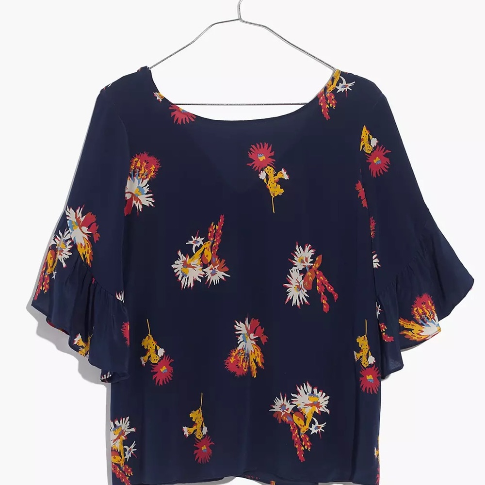 Madewell Silk Ruffle-Sleeve Top in Cactus Flower